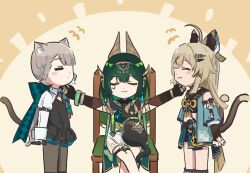  3girls animal_ears black_cat black_gloves brown_hair cat cat_ears cat_girl cat_tail chair closed_mouth dress genshin_impact gloves green_eyes green_hair grey_hair highres japanese_clothes kirara_(genshin_impact) long_hair long_sleeves looking_at_another lynette_(genshin_impact) multiple_girls nefer_(genshin_impact) nekomata on_chair pantyhose short_hair sitting smile standing symbol-shaped_pupils tail triangle-shaped_pupils violet_eyes xinzoruo 