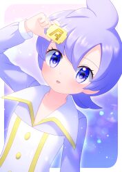  1girl absurdres anabel_(pokemon) blue_eyes collared_shirt commentary_request eyelashes happy highres holding katsuonoeboebo long_sleeves looking_at_viewer medium_hair open_mouth pokemon pokemon_emerald pokemon_rse purple_hair shirt smile solo upper_body 