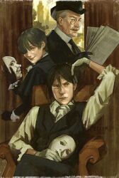  3boys black_eyes black_gloves black_hair black_hat black_necktie black_vest blue_eyes chair character_request ciel_phantomhive collared_shirt ecler_ecler facial_hair frills glasses gloves grey_hair hair_slicked_back hat highres holding holding_mask holding_paper kuroshitsuji looking_at_viewer male_focus mask multiple_boys mustache necktie paper sebastian_michaelis shirt short_hair sitting smirk vest white_gloves white_shirt 