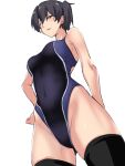  1girl arm_at_side black_eyes black_hair black_legwear blue_swimsuit competition_swimsuit flat_gaze from_below hand_on_hip jitome kaga_(kantai_collection) kantai_collection looking_at_viewer one-piece_swimsuit parted_lips short_hair side_ponytail skindentation solo swimsuit ulrich_(tagaragakuin) 