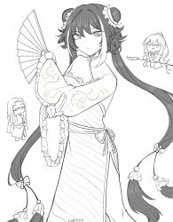  1girl 2boys absurdres black_dress black_hair chibi chibi_inset double_bun dress full_body greyscale hair_bun hand_fan highres hong_lu_(project_moon) jia_xichun_(project_moon) limbus_company long_hair looking_at_viewer monochrome multicolored_hair multiple_boys natsoo_(natsoomeee) project_moon rope_belt shrug_(clothing) simple_background solo_focus standing streaked_hair twintails upper_body wei_(project_moon) white_background white_streaks 