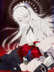  1boy 1girl :d ahoge black_background black_flower black_hairband black_jacket black_rose blazer blue_streaks closed_eyes commentary_request despair dress_shirt eyelashes face_in_shadow floating_hair flower flower_hairband gakuran gloves grey_jacket grey_neckerchief grey_skirt hairband halo halo_behind_head hand_on_another&#039;s_back hand_on_another&#039;s_head hematomorphic_infusion_blade hetero highres holding holding_knife jacket kashimiya_karua knife lap_pillow last_defense_academy_school_uniform long_hair long_sleeves lying miniskirt mole mole_under_eye multicolored_hair neckerchief on_stomach open_clothes open_jacket open_mouth pain pleated_skirt red_background red_hair revision rose scared school_uniform seiza shaded_face shirt short_hair sitting skirt smile streaked_hair sumino_takumi sunburst tears the_hundred_line_-last_defense_academy- tkiura_runa two-tone_background u_u very_short_hair violet_eyes wavy_eyes white_gloves white_hair white_shirt wide-eyed yellow_halo 