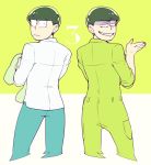  2boys :&lt; arm_up black_hair choromatsu cowboy_shot denim dress_shirt dual_persona from_behind green_background grin hoodie jeans jumpsuit looking_at_viewer male_focus multicolored_background multiple_boys number nyaph osomatsu-kun osomatsu-san pants shaded_face shirt simple_background smile striped striped_background 