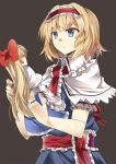  1girl alice_margatroid blonde_hair blue_dress blue_eyes capelet dress e.o. expressionless grey_background hair_ribbon hairband highres jewelry lolita_hairband long_sleeves puffy_short_sleeves puffy_sleeves puppet_rings ribbon ring sash shanghai_doll short_sleeves solo touhou 