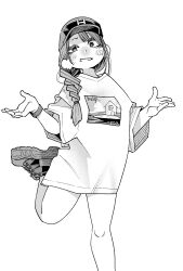  1girl bare_legs baseball_cap blush braid earrings foot_out_of_frame gavucchi greyscale grin hair_over_shoulder hair_tie half-closed_eye hands_up hat hatching_(texture) head_tilt highres jewelry leg_up linear_hatching long_hair looking_at_viewer monochrome open_mouth original oversized_clothes oversized_shirt parted_bangs print_shirt raised_eyebrow shirt shoes simple_background single_braid smile sneakers solo standing standing_on_one_leg three-quarter_sleeves w_arms watch watch white_background wide_sleeves 