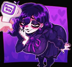  1girl artist_name black_eyes black_leotard black_nails breasts disembodied_hand dress earrings eyeshadow gradient_background hair_between_eyes hex_maniac_(pokemon) hex_maniac_(pokemon_legends:_z-a) highres infrared_thermometer jewelry leaning_forward leotard light_blush looking_at_viewer makeup mascara medium_breasts medium_hair nail_polish osidid pokemon pokemon_legends:_z-a purple_background purple_dress purple_eyeshadow purple_hair smile solo wavy_hair 
