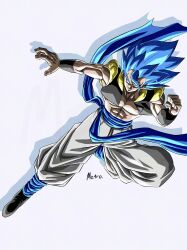  1boy abs absurdres artist_name bare_shoulders black_vest blue_sash cropped_vest dragon_ball dragon_ball_super dragon_ball_super_broly full_body gogeta highres male_focus metamoran_vest muscular muscular_male no_shirt open_clothes open_vest pants sash shadow solo spiky_hair super_saiyan super_saiyan_blue vest white_pants yamuchasiyagatte 