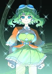  1girl absurdres ascot belt black_background blue-tinted_eyewear blue_belt blue_eyes blue_gemstone breasts buttons clenched_hands closed_mouth cowboy_shot diamond_button dress floating_hair frills gem gloves goggles goggles_on_head gradient_background green_background green_hair gumi headphones highres jacket jewelry looking_at_viewer medium_breasts meteorite_(yurenlin8) open_clothes open_jacket pendant red_jacket short_hair short_sleeves sleeveless sleeveless_dress smile solo sparkle_background standing strapless strapless_dress tinted_eyewear vocaloid white-framed_eyewear white_ascot white_gloves wide_sleeves yellow_dress 