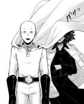  1boy 1girl anger_vein artist_request bald cape covering_face crossed_arms fubuki_(onepunch_man) monochrome onepunch_man open_mouth saitama_(onepunch_man) short_hair smile source_request 