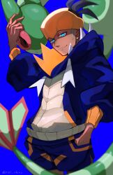  1boy absurdres arm_up black_hair black_hoodie blue_background blue_eyes closed_mouth commentary_request dark-skinned_male dark_skin earrings flygon hand_in_pocket headband highres hood hood_down hoodie jewelry male_focus orange_headband pokemon pokemon_(creature) pokemon_swsh raihan_(pokemon) short_hair shorts smile tassel timu4274 