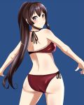  1girl artist_request ass bikini blush brown_eyes brown_hair from_behind kantai_collection ponytail side-tie_bikini simple_background smile solo swimsuit thighs yamato_(kantai_collection) 