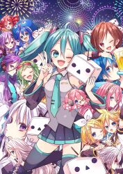  3boys 6+girls :d :o ;d ahoge alcohol arm_warmers baguette bare_shoulders beer black_hair black_sailor_collar black_skirt black_sleeves black_thighhighs blonde_hair blue_eyes blue_hair blue_hat blue_nails blue_necktie bread brown_hair character_request closed_mouth collared_shirt commentary_request detached_sleeves double-parted_bangs drill_hair eel_hat fireworks flower_(vocaloid) flower_(vocaloid4) food green_hair grey_shirt grin gumi hair_between_eyes hair_ornament hair_ribbon hairclip hand_up hat hatsune_miku headphones headset highres kagamine_len kagamine_rin kaho_0102 kaito_(vocaloid) kamui_gakupo kasane_teto kasane_teto_(utau) long_hair long_sleeves looking_at_viewer megurine_luka meiko_(vocaloid) miniskirt multicolored_hair multiple_boys multiple_girls nail_polish necktie number_tattoo one_eye_closed open_mouth otomachi_una parallel_hairclips parted_bangs pink_hair pleated_skirt purple_hair red_eyes red_hair ribbon sailor_collar shirt short_hair short_sleeves shoulder_tattoo skirt sleeveless sleeveless_shirt smile takoluka tattoo thigh-highs tie_clip twin_drills twintails two-tone_hair utau v v-shaped_eyebrows violet_eyes vocaloid voiceroid white_hair white_ribbon white_shirt wide_sleeves wrist_cuffs yellow_necktie yuzuki_yukari zettai_ryouiki 