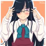  1girl adjusting_glasses bespectacled blue_eyes blush bowtie dated glasses hair_over_one_eye hayashimo_(kantai_collection) kantai_collection lavender_eyes long_hair long_sleeves looking_at_viewer orange_background ribbon ru2n131 school_uniform shirt simple_background smile solo twitter_username upper_body very_long_hair white_shirt 