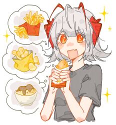  1girl :d arknights bag_of_chips blush_stickers bowl chinese_commentary chips_(food) commentary_request cropped_torso fang food french_fries grey_hair grey_shirt hair_between_eyes hands_up hash_browns highres holding holding_food mashed_potatoes mcdonald&#039;s official_alternate_costume open_mouth potato_chips red_eyes shirt short_sleeves simple_background smile softtoast solo sparkle speech_bubble spoken_food thought_bubble upper_body w_(arknights) w_(fugue)_(arknights) white_background 