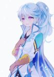  1boy blush coat feathers gloves long_hair male_focus mikleo_(tales) name_(oiuio) open_mouth ponytail solo tales_of_(series) tales_of_zestiria violet_eyes 