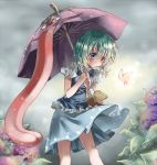  1girl alternate_hairstyle bangs blue_eyes blue_hair blue_skirt blurry blush bokeh butterfly commentary_request cross-laced_clothes depth_of_field flower frills geta green_hair grey_sky heterochromia holding_umbrella hydrangea karakasa_obake leaning_forward motion_lines outdoors puffy_short_sleeves puffy_sleeves red_eyes seidou_(tukinomiyako) short_hair short_sleeves short_twintails skirt sky solo tatara_kogasa tongue touhou twintails umbrella upskirt vest 