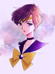  bishoujo_senshi_sailor_moon blonde_hair blue_brooch blue_choker blue_eyes blue_sailor_collar bow bowtie choker earrings gold_earrings hoop_earrings jewelry lips looking_at_viewer sailor_collar sailor_senshi_uniform sailor_uranus short_hair y-yazaki2406 yellow_bow yellow_bowtie 