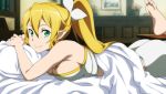  1girl bed blonde_hair breast_press breasts feet game_cg green_eyes indoors large_breasts leafa leafa_(sao:im) long_hair looking_at_viewer lying on_stomach pillow sideboob smile solo sword_art_online sword_art_online:_hollow_fragment 