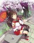  1girl artist_request breasts brown_eyes brown_hair cherry_blossoms grass highres kantai_collection large_breasts long_hair parasol ponytail ramune single_thighhigh skirt smile solo stairs stone_stairs thigh-highs thigh_strap umbrella very_long_hair yamato_(kantai_collection) 