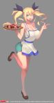  1girl apron blonde_hair blue_eyes breasts cleavage food grey_background hair_ornament hairclip highres large_breasts long_legs m.a.d_mafia_is_all_dead meat open_mouth othel_(hatimorris) plate shoes shorts simple_background solo steak tray twintails watermark 