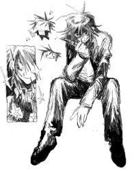  1boy boxcutter commentary denpa_shougai gakuran greyscale highres holding holding_boxcutter invisible_chair jacket looking_at_viewer male_focus monochrome multiple_views open_clothes open_jacket randal&#039;s_friends school_uniform short_hair simple_background sitting tsukada_satoru white_background 