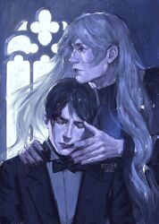  2boys black_hair black_nails black_suit black_vest blue_theme bow bowtie brown_eyes closed_eyes collared_shirt ecler_ecler fingernails hair_flowing_over hair_over_shoulder hand_on_another&#039;s_face hand_on_another&#039;s_shoulder highres kuroshitsuji limited_palette long_fingernails long_hair male_focus multiple_boys painterly shirt short_hair sidelocks suit undertaker_(kuroshitsuji) very_long_hair vest vincent_phantomhive white_hair white_shirt window 