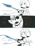  1girl 3koma androgynous comic energy_spear energy_weapon english eyepatch frisk_(undertale) juby monster_girl nervous pointing_spear polearm ponytail red_eyes shirt spear spot_color striped striped_shirt sweating_profusely tagme undertale undyne weapon 