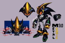  1boy absurdres animal_ears colored_sclera full_body hedgehog_boy highres kornart looking_at_viewer mechanical_legs metal_sonic_3.0 pixel_eyes pointy_nose red_eyes robot sonic_(series) sonic_rivals sonic_rivals_2 standing 