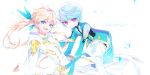  2boys blue_eyes earrings feathers fusion highres jewelry kamui_(tales_of_zestiria) long_hair male_focus mikleo_(tales) multiple_boys name_(oiuio) open_mouth ponytail short_hair smile sorey_(tales) tales_of_(series) tales_of_zestiria very_long_hair violet_eyes white_hair 