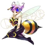  1girl antennae bee_girl breasts head_wings insect_girl large_breasts monster_girl pantyhose purple_hair q-bee short_hair solo spikes sumi_(penon62) vampire_(game) violet_eyes wings 