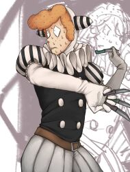  1boy ajino_(mmh444_nu) biting_own_lip clown commentary cowboy_shot dual_wielding freckles highres holding knife looking_to_the_side male_focus neck_ruff orange_hair puffy_short_sleeves puffy_sleeves randal&#039;s_friends sebastian_de_tomato_smith_chicken_legs short_hair short_sleeves sweat symbol-only_commentary throwing_knife weapon 