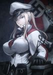  1girl breasts celtic_knot cross gloves graf_zeppelin_(kantai_collection) hair_between_eyes hat hetza_(hellshock) impossible_clothes impossible_shirt jacket kantai_collection large_breasts long_sleeves looking_at_viewer nazi_flag necktie peaked_cap shirt solo swastika 