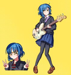 1girl absurdres bass_guitar black_pantyhose black_ribbon black_shirt black_sweater blue_hair blue_skirt bocchi_the_rock! brown_shoes collared_shirt commentary double_v guitar_strap hair_ornament hairclip highres holding holding_bass_guitar holding_instrument instrument junji_17 loafers multiple_views neck_ribbon pantyhose parallel_hairclips pleated_skirt ribbon school_uniform shirt shoes short_hair skirt star-shaped_eyewear star_(symbol) sunglasses sweater v white_shirt yamada_ryo yellow_background 
