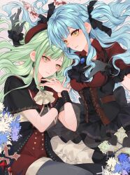  2girls ambiguous_red_liquid arm_pillow ascot back_bow bang_dream! bang_dream!_it&#039;s_mygo!!!!! beret black_ascot black_capelet black_corset black_ribbon black_skirt black_sleeve_cuffs blue_brooch blue_flower blue_gemstone blue_hair bow breasts broken_cup broken_glass brooch buttons capelet champagne_flute closed_mouth collared_shirt commission corset couple cowboy_shot cross cross_fleury crystal_earrings cup curly_sidelocks double-breasted drinking_glass earrings fishnet_gloves fishnets flower framed_breasts frilled_gloves frills gem glass gloves green_brooch green_gemstone green_hair grey_gloves grey_pantyhose grin hair_ribbon hat heads_together high-waist_shorts highres jewelry latin_cross layered_skirt light_smile long_hair long_sidelocks long_sleeves looking_ahead lying medium_breasts mihuashi_commission missing_commentary mortis_(bang_dream!) mortis_(costume)_(bang_dream!) multiple_girls oblivionis_(bang_dream!) on_back pantyhose parted_lips potatohome puffy_short_sleeves puffy_sleeves red_hat red_shirt red_shorts ribbon second-party_source see-through_clothes see-through_sleeves shirt short_sleeves shorts side-by-side sidelocks skirt sleeve_cuffs smile spill straight_hair thorns togawa_sakiko two_side_up underbust wakaba_mutsumi white_ascot white_flower yellow_eyes yuri 