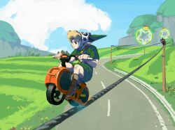  1boy blonde_hair boots brown_boots clouds cloudy_sky cow_hood grass green_hair green_tunic gus_uur highres link male_focus mario_kart motor_vehicle motorcycle on_motorcycle outdoors phrygian_cap pointy_ears road short_hair sky super_mario_bros. the_legend_of_zelda the_legend_of_zelda:_majora&#039;s_mask tunic twitter_username 