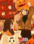  1boy 1girl black_hair candy halloween hat hyuuga_hanabi jack-o&#039;-lantern long_hair meitarou naruto pumpkin sarutobi_konohamaru short_hair violet_eyes witch_hat 