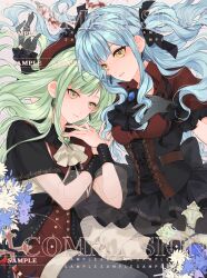  2girls ambiguous_red_liquid arm_pillow ascot back_bow bang_dream! bang_dream!_it&#039;s_mygo!!!!! beret black_ascot black_capelet black_corset black_ribbon black_skirt black_sleeve_cuffs blue_brooch blue_flower blue_gemstone blue_hair bow breasts broken_cup broken_glass brooch buttons capelet champagne_flute closed_mouth collared_shirt commission corset couple cowboy_shot cross cross_fleury crystal_earrings cup curly_sidelocks double-breasted drinking_glass earrings fishnet_gloves fishnets flower framed_breasts frilled_gloves frills gem glass gloves green_brooch green_gemstone green_hair grey_gloves grey_pantyhose grin hair_ribbon hat heads_together high-waist_shorts highres jewelry latin_cross layered_skirt light_smile long_hair long_sidelocks long_sleeves looking_ahead lying medium_breasts mihuashi_commission mortis_(bang_dream!) mortis_(costume)_(bang_dream!) multiple_girls oblivionis_(bang_dream!) on_back pantyhose parted_lips potatohome puffy_short_sleeves puffy_sleeves red_hat red_shirt red_shorts ribbon sample_watermark see-through_clothes see-through_sleeves shirt short_sleeves shorts side-by-side sidelocks skirt sleeve_cuffs smile spill straight_hair thorns togawa_sakiko two_side_up underbust wakaba_mutsumi watermark white_ascot white_flower yellow_eyes yuri 