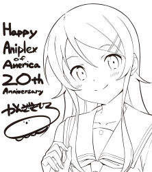  1girl absurdres blush closed_mouth collarbone english_commentary english_text greyscale hair_ornament hairclip highres kanzaki_hiro kousaka_kirino lineart long_hair looking_at_viewer monochrome ore_no_imouto_ga_konna_ni_kawaii_wake_ga_nai sailor_collar second-party_source signature simple_background solo upper_body white_background 