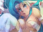  1girl :&lt; animal_ears blue_eyes blue_hair breasts cat_ears close-up felicia graphite_(medium) looking_up mixed_media solo traditional_media tsumujin vampire_(game) 
