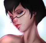  1girl ;) alternate_hair_length alternate_hairstyle bare_shoulders bayonetta bayonetta_(character) bayonetta_2 black_hair blue_eyes close-up ear_studs earrings eyebrows eyelashes eyeshadow face glasses jewelry lips lipstick makeup mole mole_under_mouth nose one_eye_closed semi-rimless_glasses short_hair smile solo superboin under-rim_glasses 