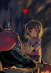  1girl 2015 androgynous artist_name blue_skin brown_eyes brown_hair frisk_(undertale) heart holding_cup juby monster_girl redhead seiza shirt shorts sitting striped striped_shirt tagme undertale undyne 