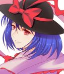  1girl blue_hair bow face hat hat_bow highres looking_at_viewer nagae_iku red_eyes smile solo touhou upper_body x&amp;x&amp;x 
