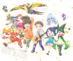 2girls 4boys :d acoustic_guitar alternate_color blue_eyes brown_vest captain_pikachu character_request chibi chibi_only commentary_request confetti crocalor dot_(pokemon) green_pants guitar hair_ornament hairclip hattrem highres instrument jewelry kilowattrel liko_(pokemon) lucario mega_lucario mega_pokemon meowscarada multicolored_hair multiple_boys multiple_girls necklace open_clothes open_mouth open_vest orange_shirt pants pikachu pokemon pokemon_(anime) pokemon_(creature) pokemon_horizons roy_(pokemon) samsung_(yuzuikka) shiny_pokemon shirt shoes short_sleeves shorts smile socks t-shirt two-tone_hair uruto_(pokemon) vest watermark white_background white_shirt white_shoes white_shorts