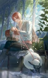  1boy annoyed artist_request black_pants blanket blue_sky boots bridge brown_eyes cape closed_mouth clouds collarbone collared_shirt couch day feet_out_of_frame frilled_sleeves frills frown furrowed_brow game_cg grey_boots highres holding holding_leash indoors jewelry knee_boots leash light_particles light_rays lips long_sleeves looking_at_animal male_focus mansion nikki_(series) official_art on_couch orange_hair pants pink_sash plant potted_plant sash sheep shining_nikki shirt short_hair sitting sky sleeves_past_wrists solo sunlight thick_eyebrows treasure_chest tree unworn_jewelry waist_sash white_cape white_shirt willow window yeeso_(shining_nikki) 