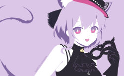  1girl :3 :d animal_ears arknights ascot bang_dream! bang_dream!_it&#039;s_mygo!!!!! bare_shoulders black_ascot black_gloves blending bright_pupils cat_ears cat_girl cat_tail chinese_commentary commentary_request flat_color gloves highres holding holding_mask kemonomimi_mode kinndora looking_at_viewer mask no_lineart open_mouth purple_background purple_hair short_hair simple_background smile solo tail upper_body violet_eyes white_pupils yuutenji_nyamu yuutenji_nyamu_(magician_of_passion) 