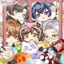  +_+ 1girl 4boys arm_up artem_wing_(tears_of_themis) black-framed_eyewear black_hair black_jacket blue_eyes brown_eyes brown_hair brown_vest chibi closed_mouth collared_shirt commentary copyright_name crane_game ear_piercing english_commentary genshin_impact glasses grey_hair hair_between_eyes heart hilichurl_(genshin_impact) homu_(honkai_impact) honkai:_star_rail honkai_(series) honkai_impact_3rd jacket luke_pearce_(tears_of_themis) marius_von_hagen_(tears_of_themis) multiple_boys necktie official_art parted_lips piercing pinstripe_jacket pinstripe_pattern pom-pom_(honkai:_star_rail) red_eyes red_necktie rosa_(tears_of_themis) semi-rimless_eyewear shirt smile tears_of_themis under-rim_eyewear v-shaped_eyebrows vest violet_eyes vyn_richter_(tears_of_themis) white_shirt yellow_eyes 