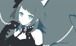  1girl animal_ear_fluff animal_ears arknights bang_dream! bang_dream!_it&#039;s_mygo!!!!! bare_shoulders black_gloves black_hat blending blue_eyes bright_pupils chain chinese_commentary closed_mouth collar commentary_request elbow_gloves flat_color gloves hair_ornament hairclip hand_up hat highres holding holding_chain kemonomimi_mode kinndora looking_at_viewer medium_hair no_lineart simple_background solo spiked_collar spikes tail upper_body white_pupils wolf_ears wolf_girl wolf_tail yahata_umiri yahata_umiri_(moonlight_executioner) 