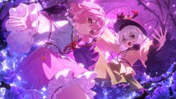  2girls absurdres animal_on_head bird blouse blue_shirt cat commentary crow dango_remi expressionless flower frilled_skirt frilled_sleeves frills hat highres kaenbyou_rin kaenbyou_rin_(cat) komeiji_koishi komeiji_satori long_sleeves looking_at_viewer multiple_girls on_head open_mouth outstretched_arms pink_hair pink_skirt pink_theme red_eyes reiuji_utsuho reiuji_utsuho_(bird) romaji_commentary rose shirt short_hair siblings sisters skirt smile spread_arms third_eye top_hat touhou white_hair wide_sleeves yellow_shirt 