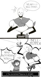  1boy 1other 2017 2d 2koma ambiguous_gender armor bell_pepper cape child delomia digital_media double_horizontal_stripe duo english_text frisk_(undertale) gloves greyscale height_difference holding holding_plate horizontal-striped_clothes human humanoid male monochrome monster monster_boy papyrus_(undertale) plate shirt short_hair shorts simple_background skeleton speech_bubble striped_clothes striped_shirt teeth text undead undertale utdr_(toby_fox) white_background 