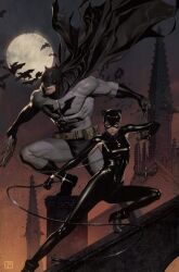 1boy 1girl bat_(animal) batman batman_(series) black_bodysuit black_boots black_cape black_gloves black_male_underwear bodysuit boots building cape catwoman dc_comics full_moon gloves grey_bodysuit highres jorge_molina looking_at_viewer male_underwear moon night outdoors selina_kyle underwear 